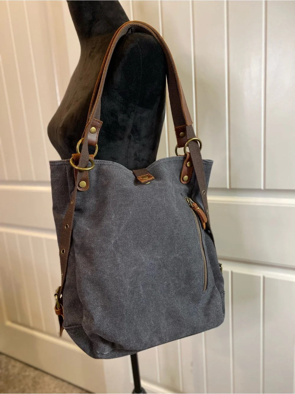 Gray Canvas Messenger Bag with Brown Leather Trim